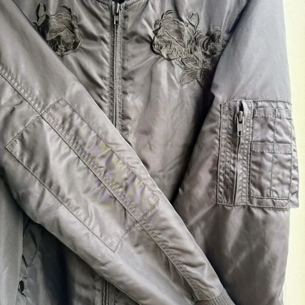 Obey Rose Embroidery Fleece-Lined Longline Black Bomber Jacket size M - Picture 8 of 12